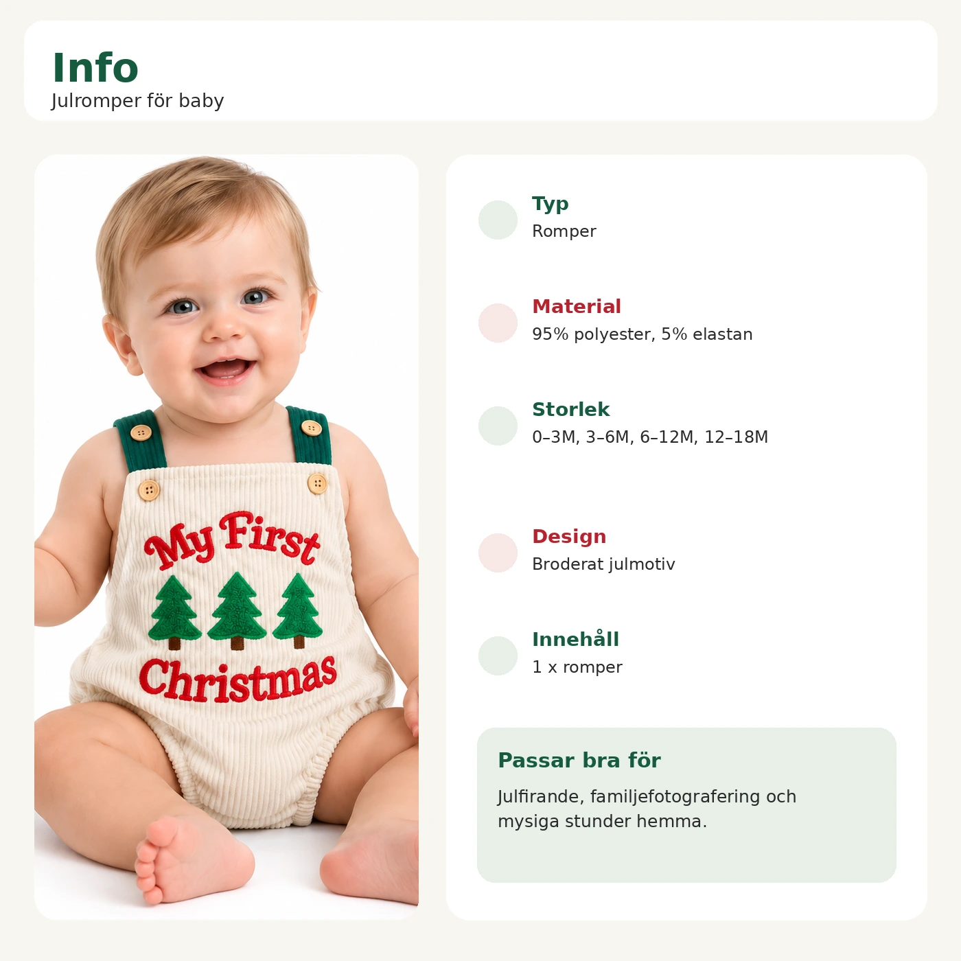 Julkropp för baby utan ärmar med brodyr