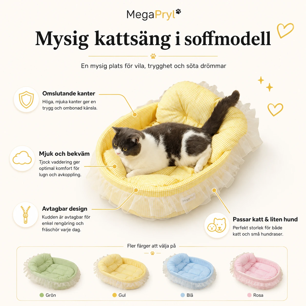 Kattsäng i soffmodell för små husdjur, avtagbar och tvättbar