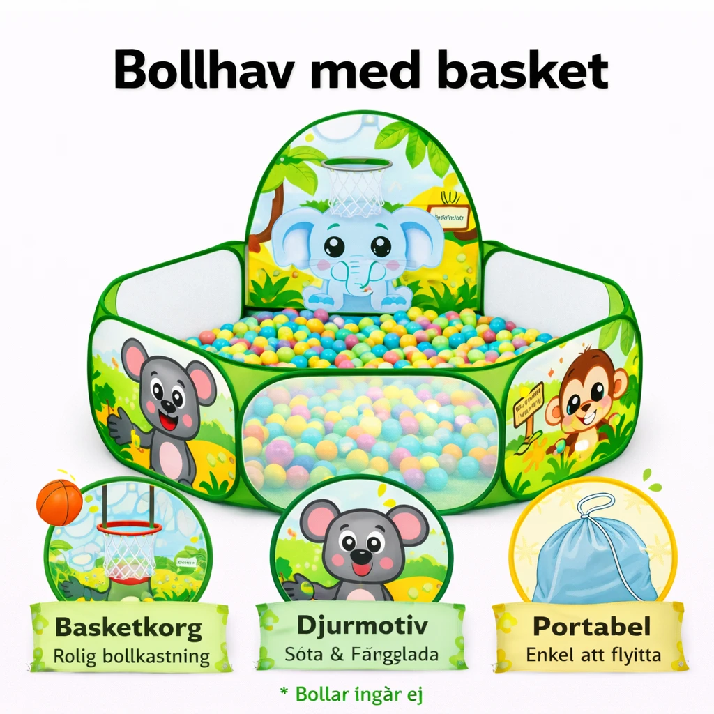 Bollhav med basket – grön lekpool med djurmotiv