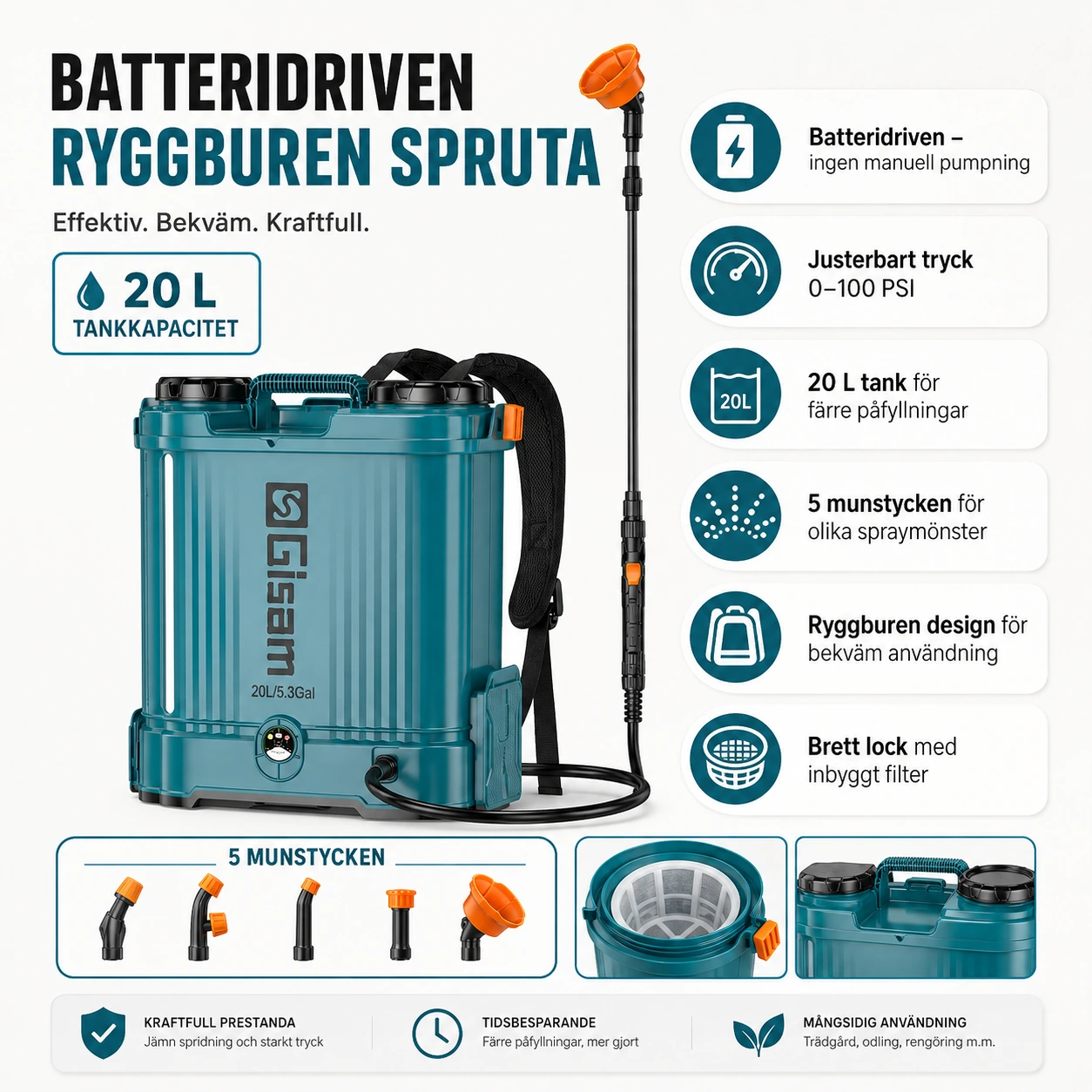 Batteridriven ryggspruta 20 L med justerbart tryck