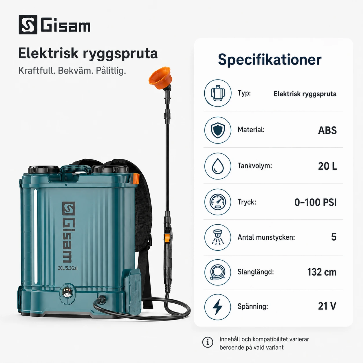 Batteridriven ryggspruta 20 L med justerbart tryck