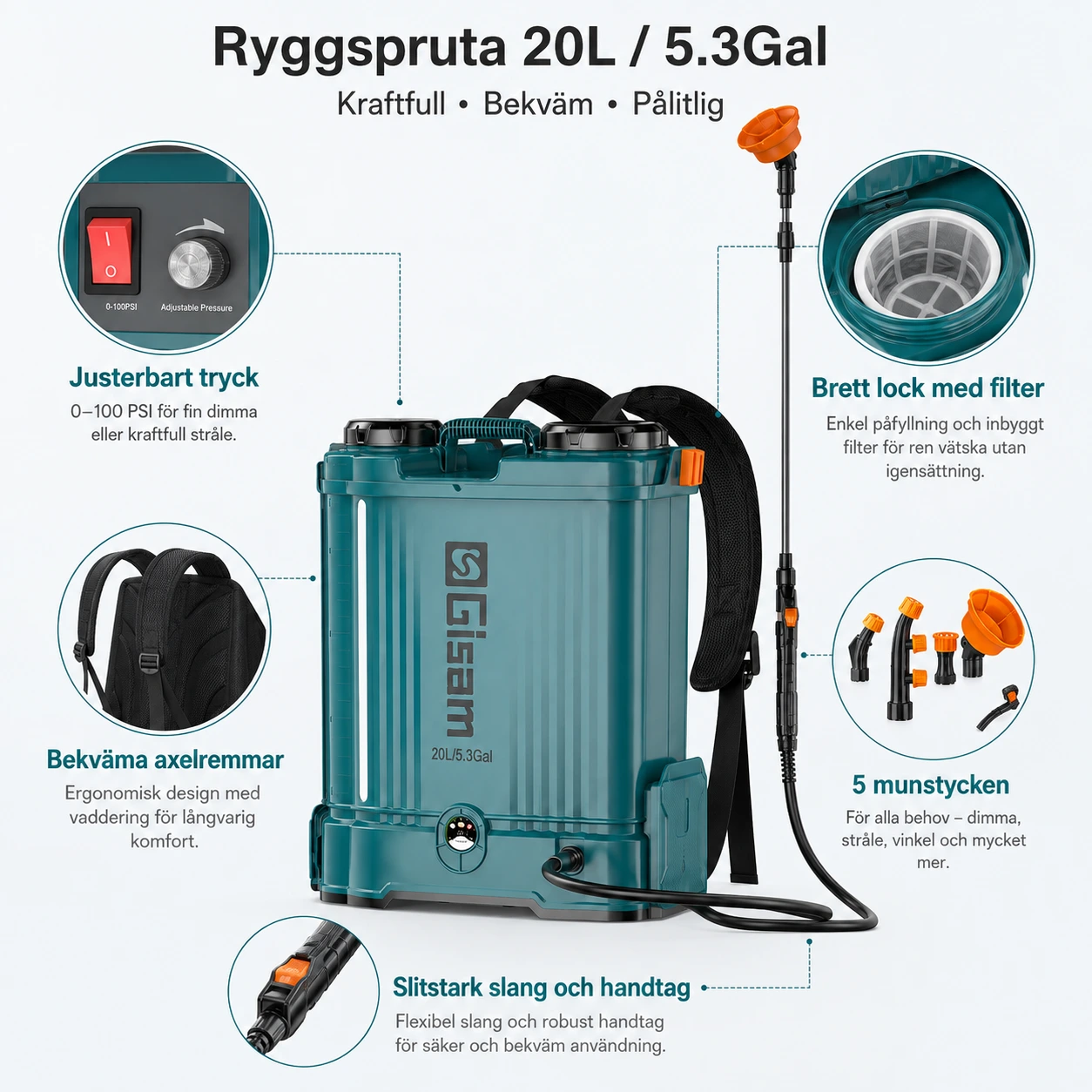 Batteridriven ryggspruta 20 L med justerbart tryck