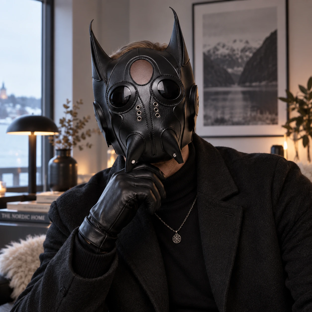 Svart Läder-Look Fladdermus Helmask med Mandibler