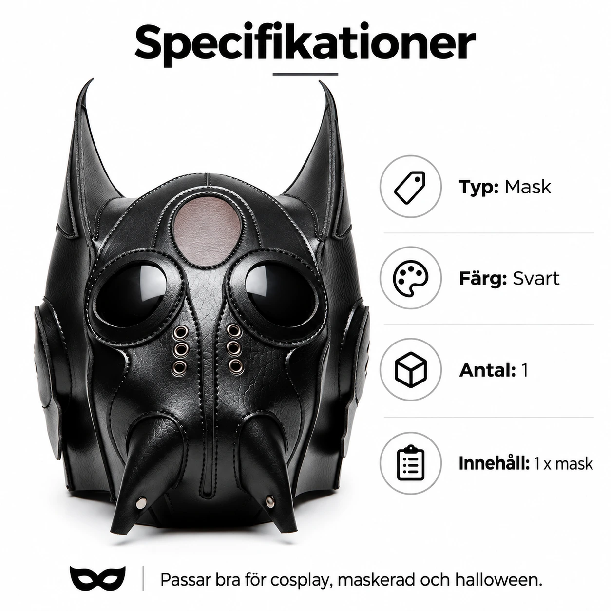 Svart Läder-Look Fladdermus Helmask med Mandibler