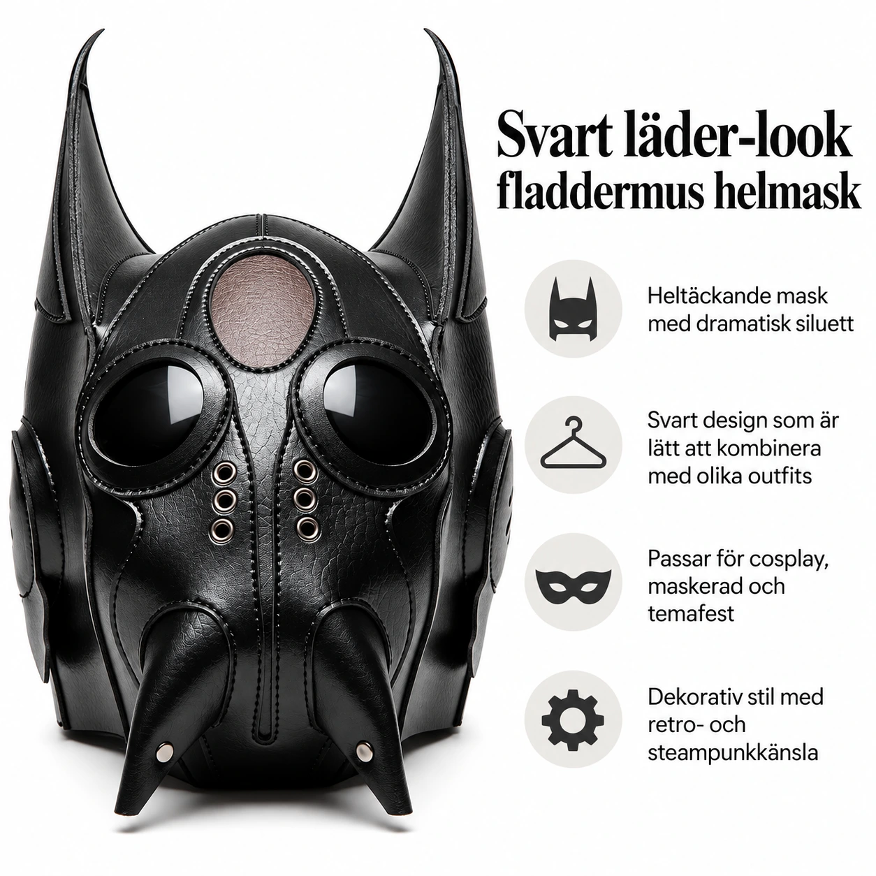 Svart Läder-Look Fladdermus Helmask med Mandibler