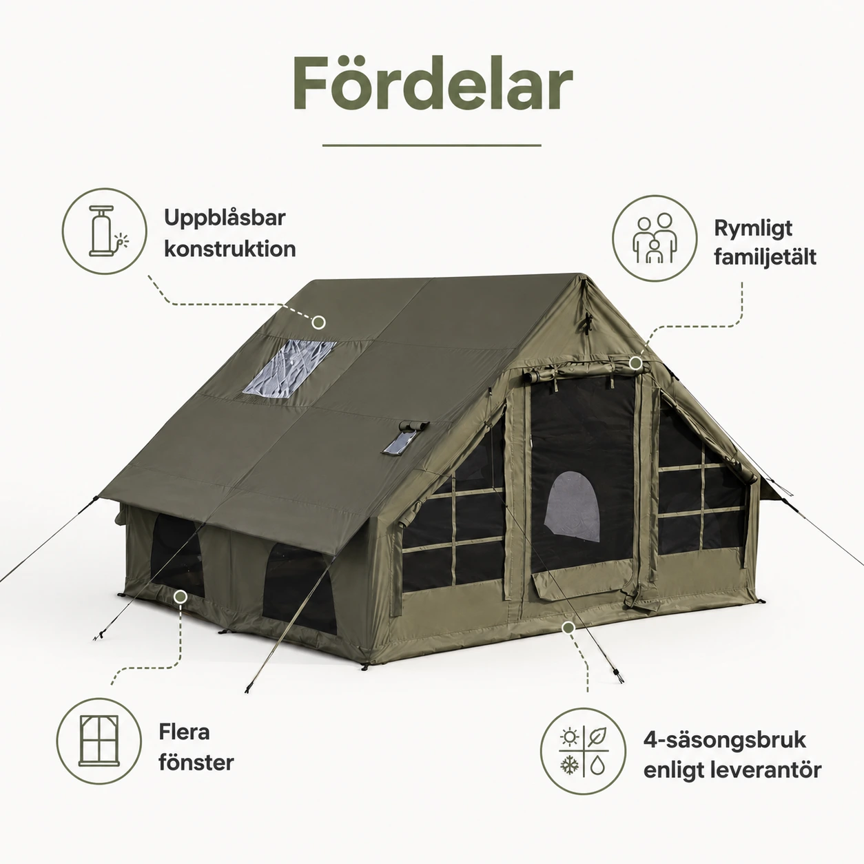 Uppblåsbart campingtält för familj med fönster