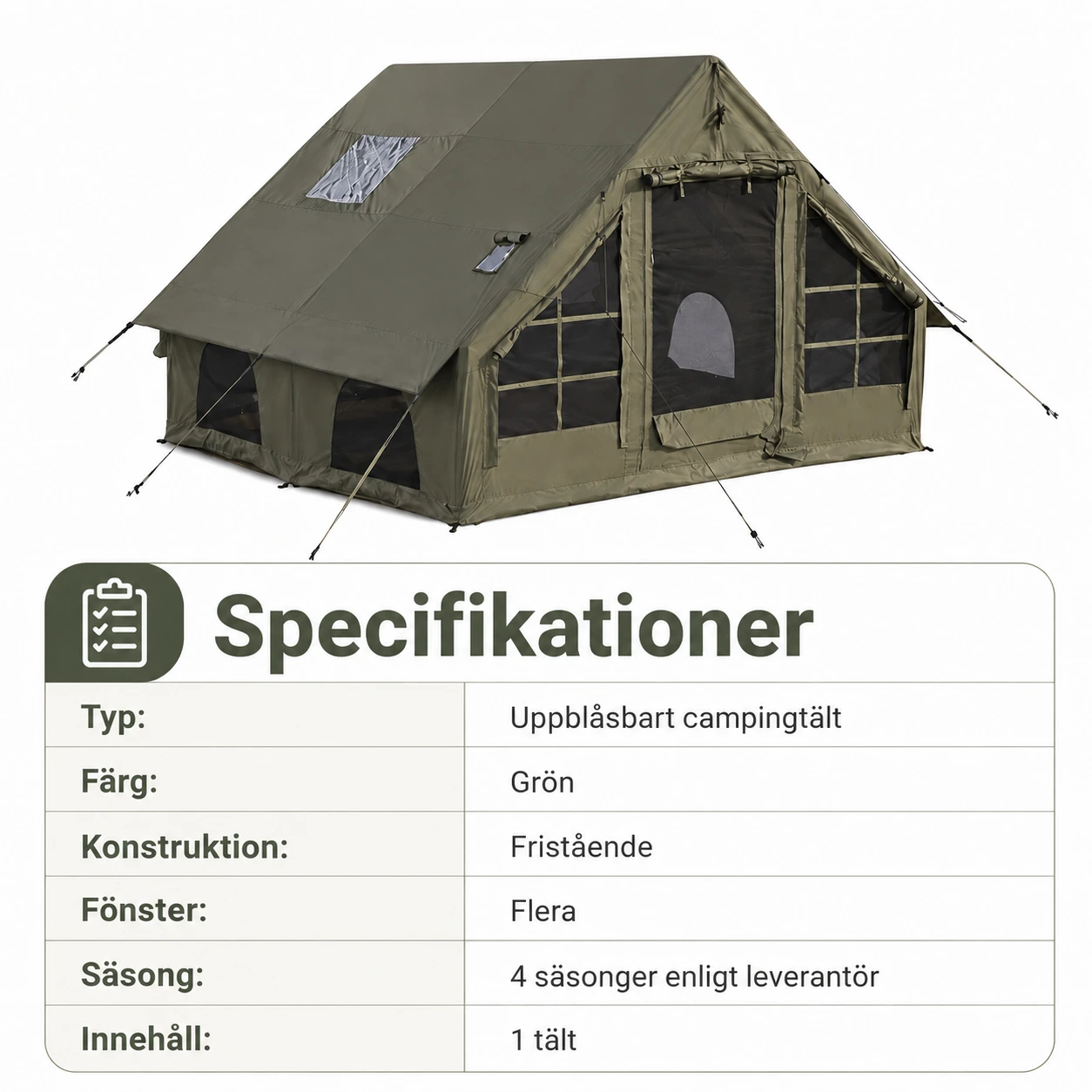 Uppblåsbart campingtält för familj med fönster