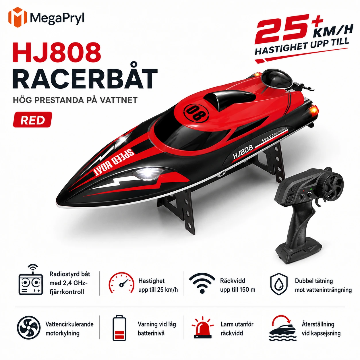 Radiostyrd racerbåt 2,4 GHz med 150 m räckvidd