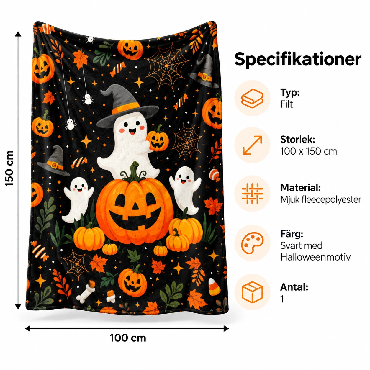 Kevyt ja pehmeä halloween-peitto sohvalle ja sängylle, 100x150cm