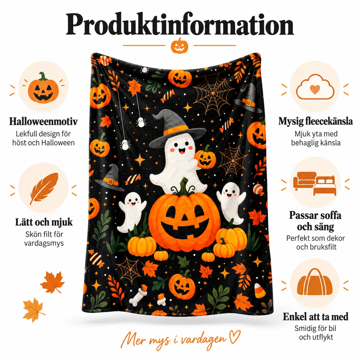 Halloweenfilt för soffa och säng, lätt och mjuk 100x150cm