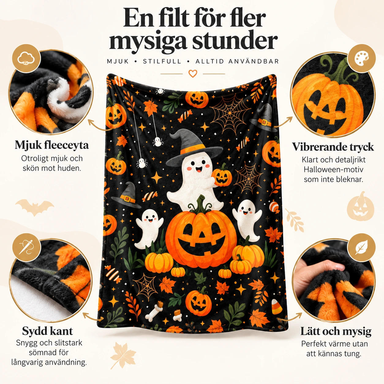 Kevyt ja pehmeä halloween-peitto sohvalle ja sängylle, 100x150cm