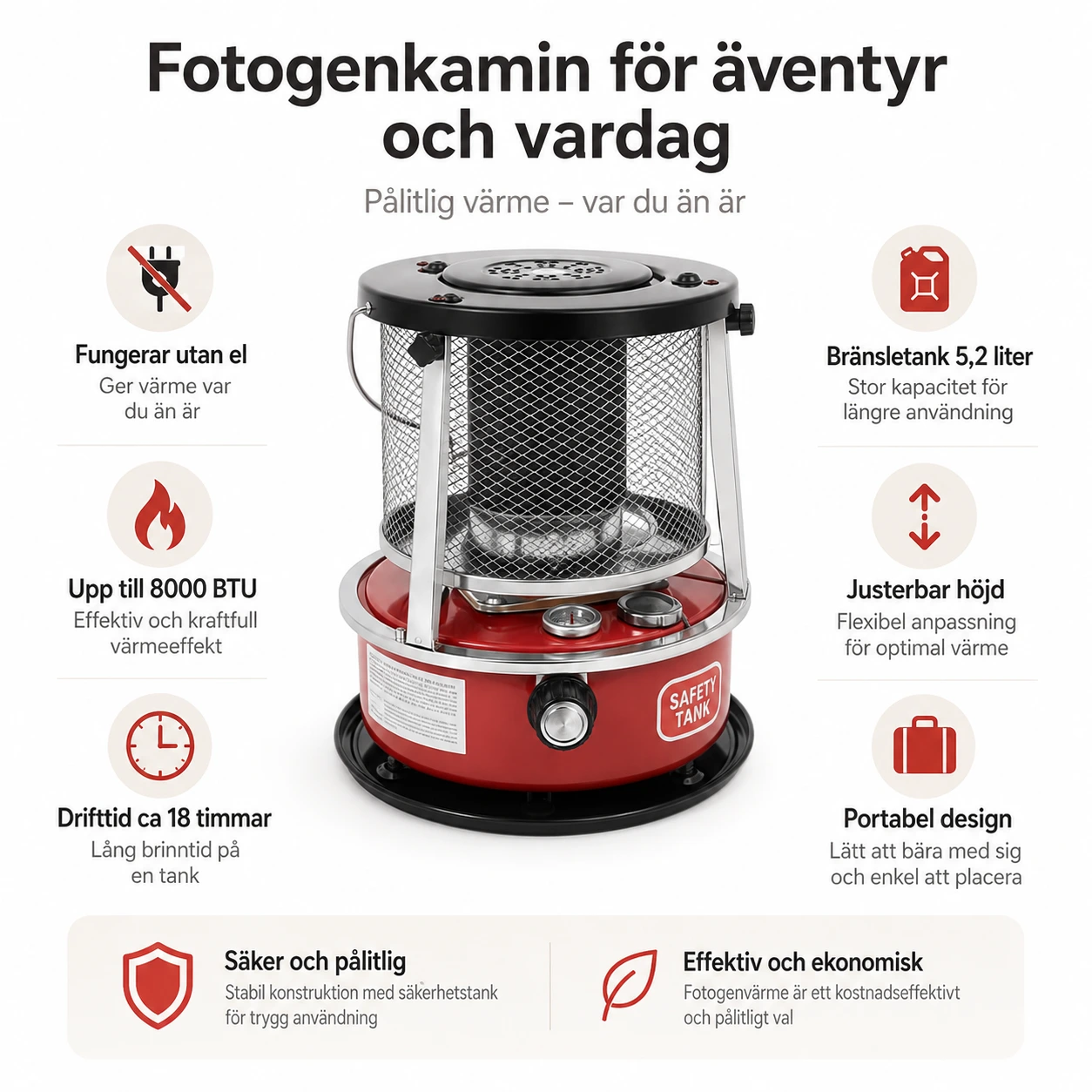 Fotogenkamin för inom- och utomhusbruk med 18 timmars drift