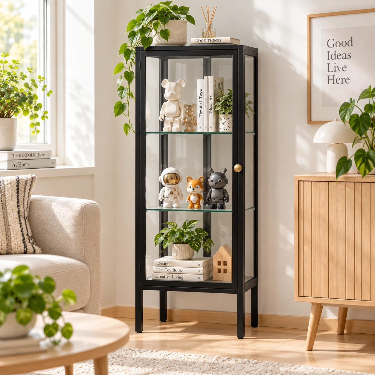 Vitrinskåp för samlarfigurer med transparenta sidor