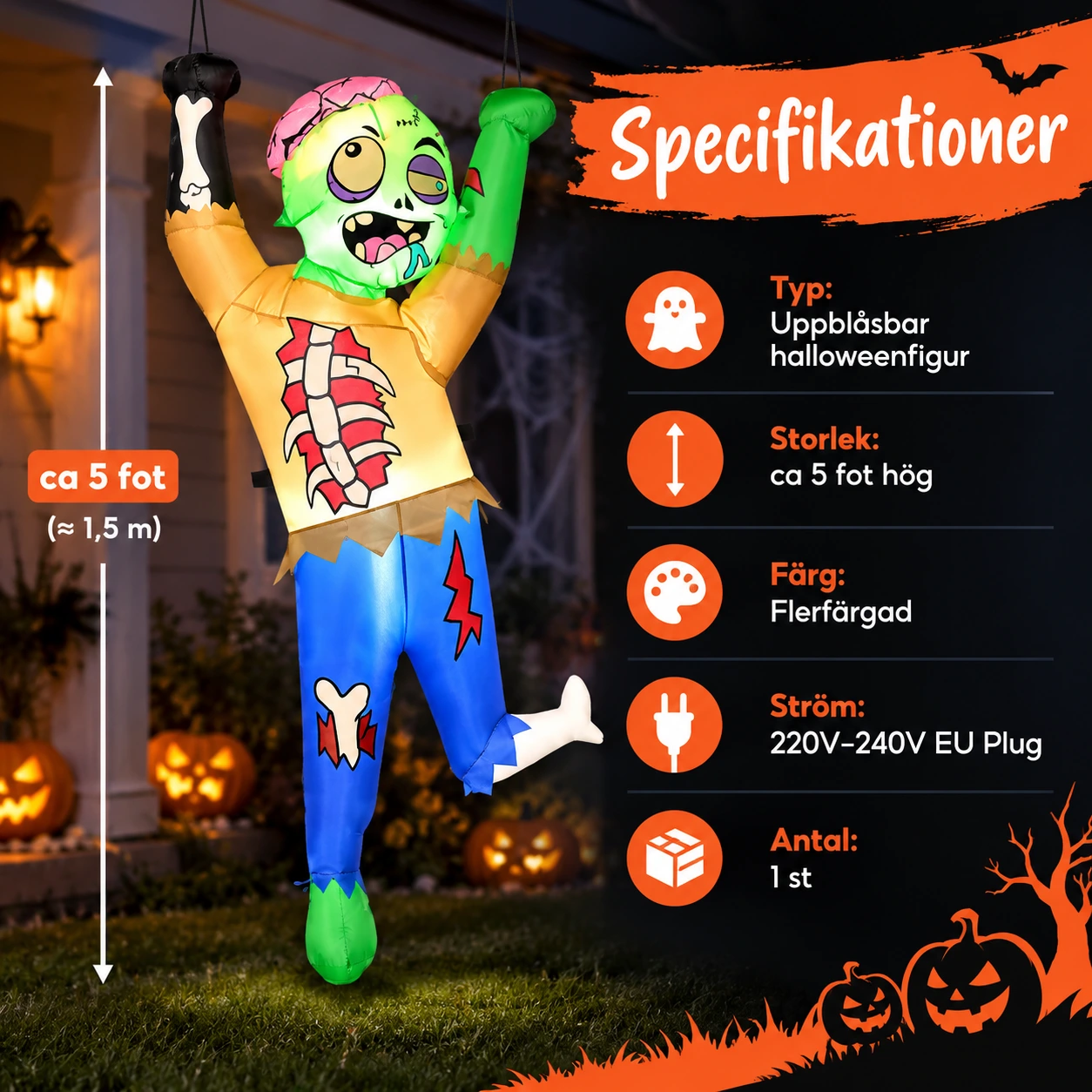 Ilmatäytteinen kiipeävä zombie LED-valoilla – 5 jalkaa