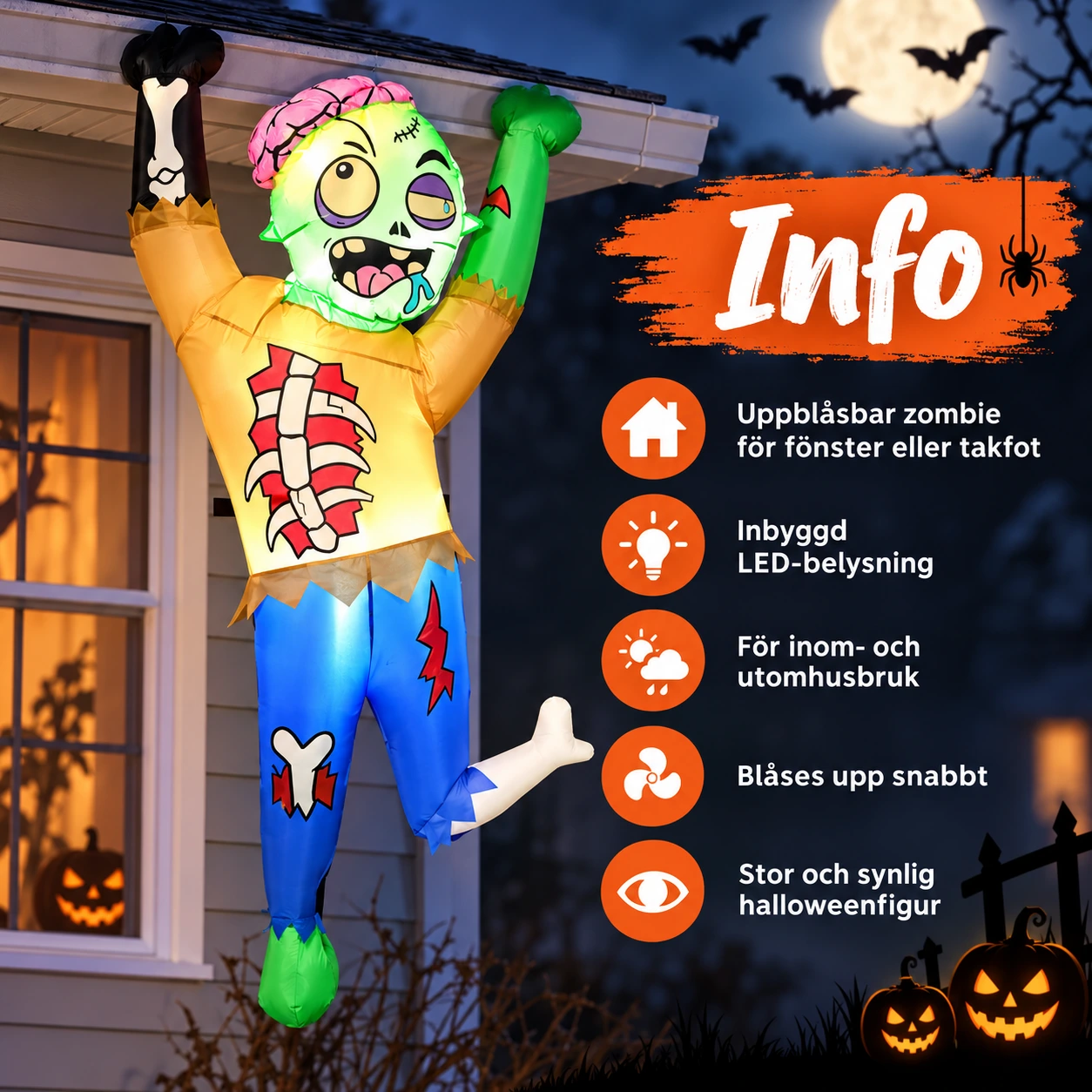 Uppblåsbar zombie för fönster och takfot med LED