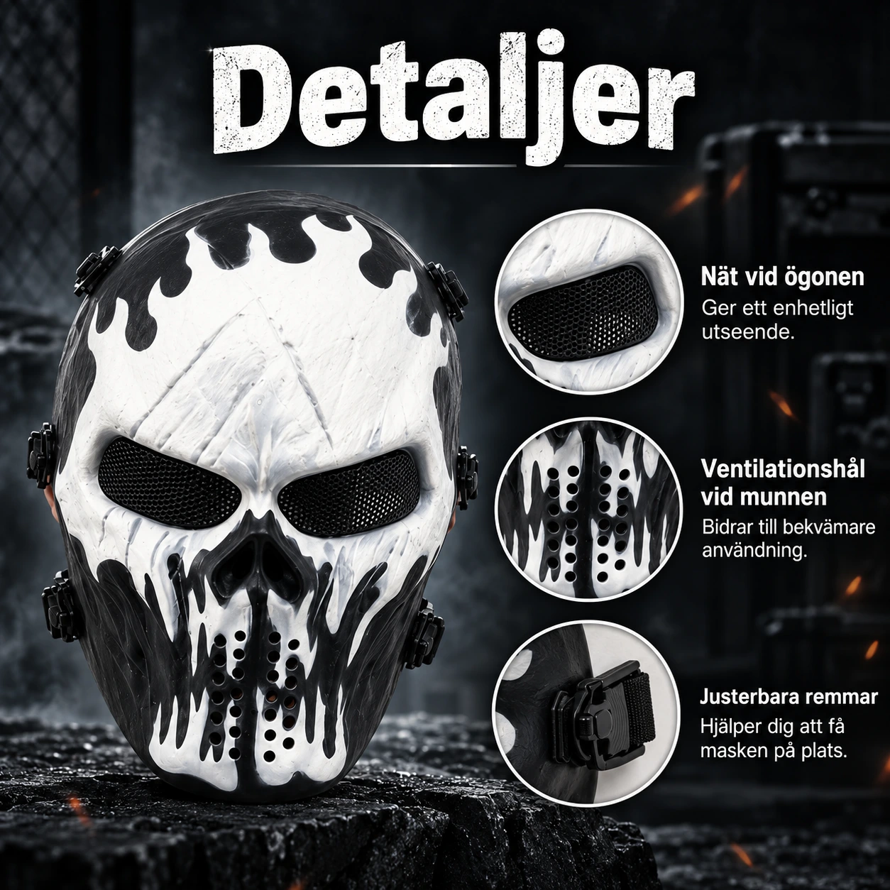 Ansiktsmask skelett heltäckande, vit och svart