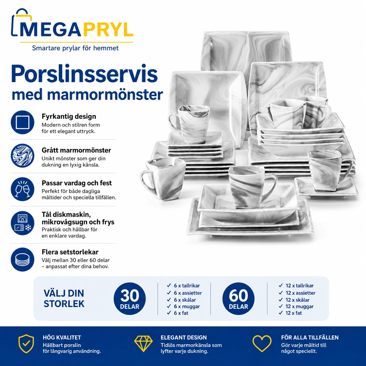Porslinsservis med marmormönster, fyrkantig design
