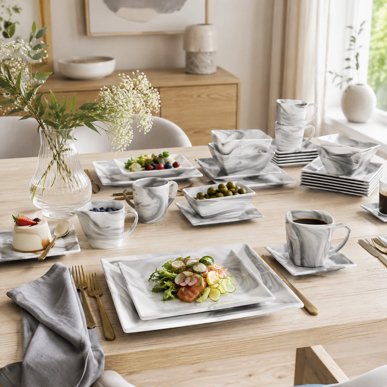 Porslinsservis med marmormönster, fyrkantig design