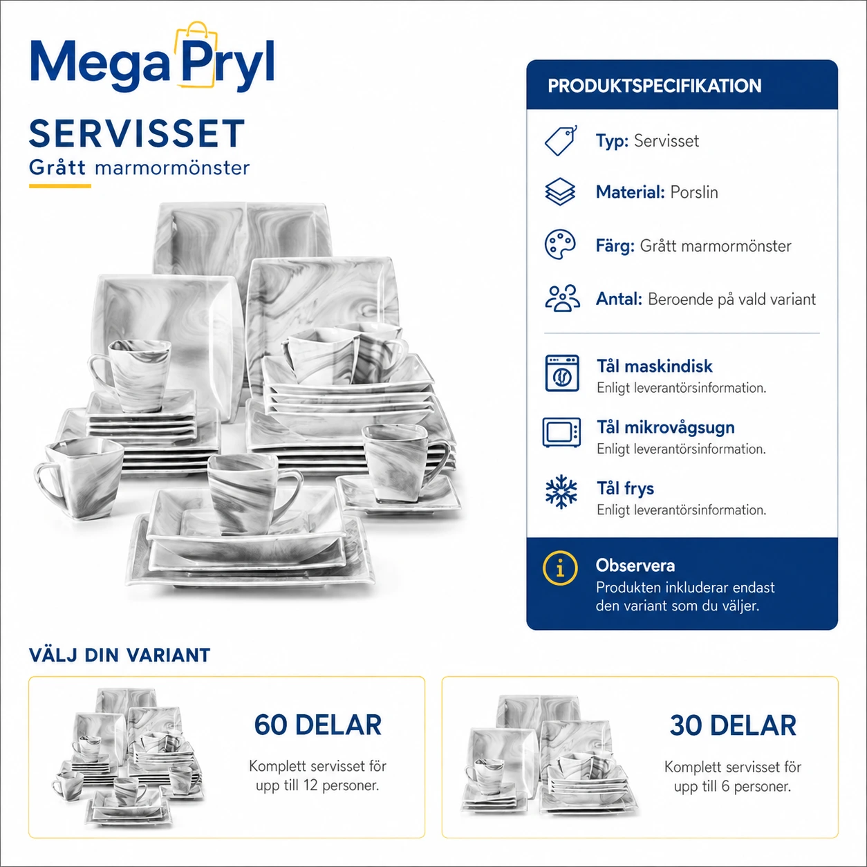Porslinsservis med marmormönster, fyrkantig design