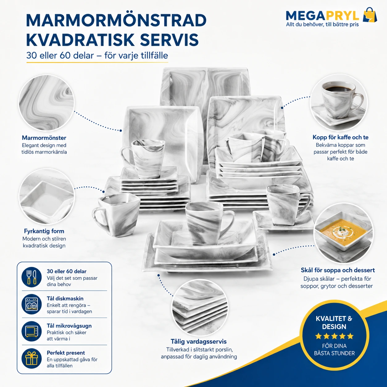Porslinsservis med marmormönster, fyrkantig design