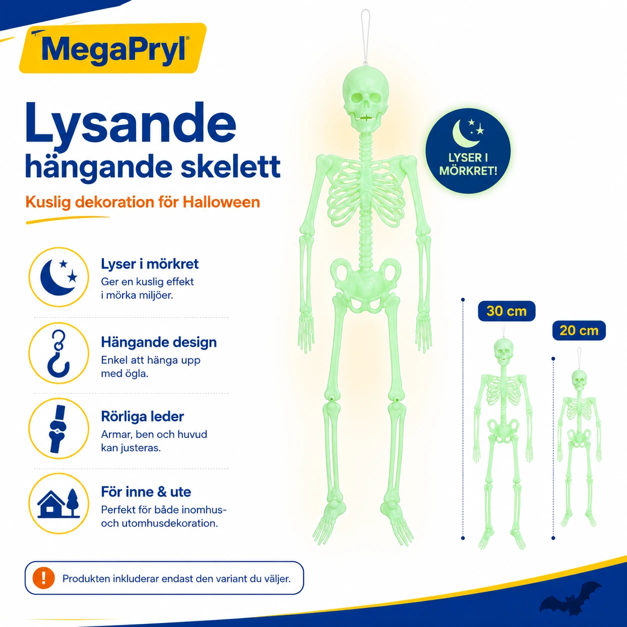 Lysande hängande skelett för halloween och dekoration