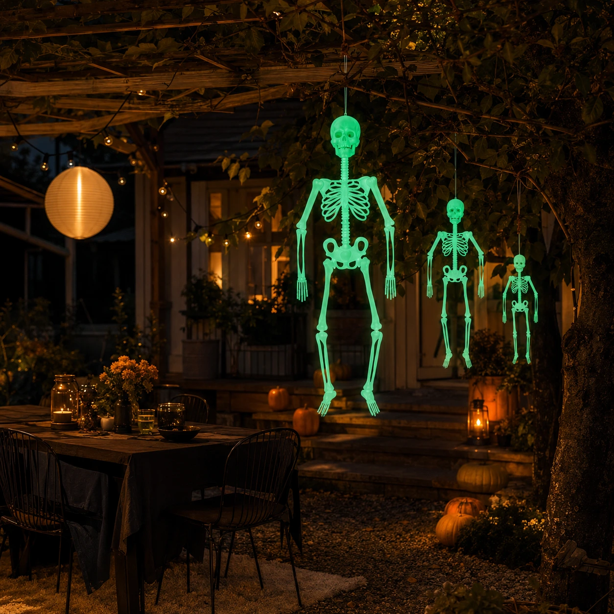 Lysande hängande skelett för halloween och dekoration