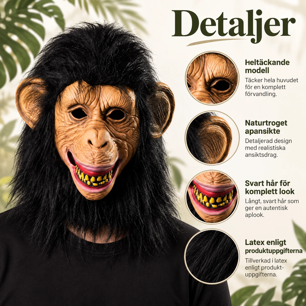 Apemaske i lateks med svart hår