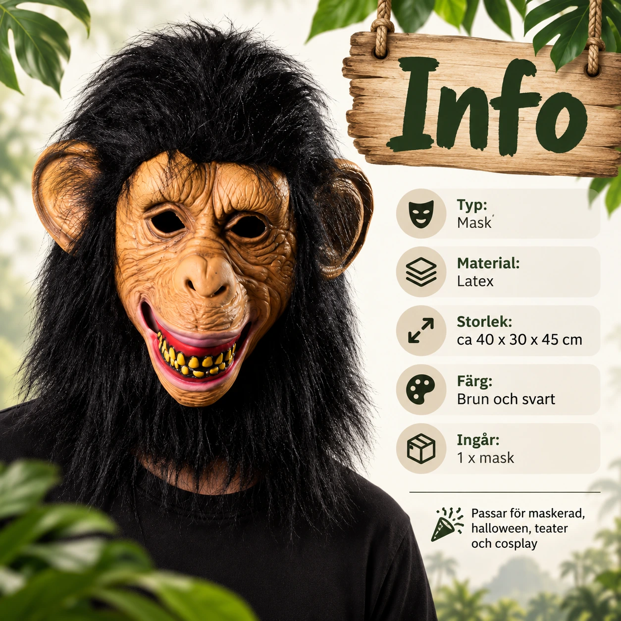 Apemaske i lateks med svart hår