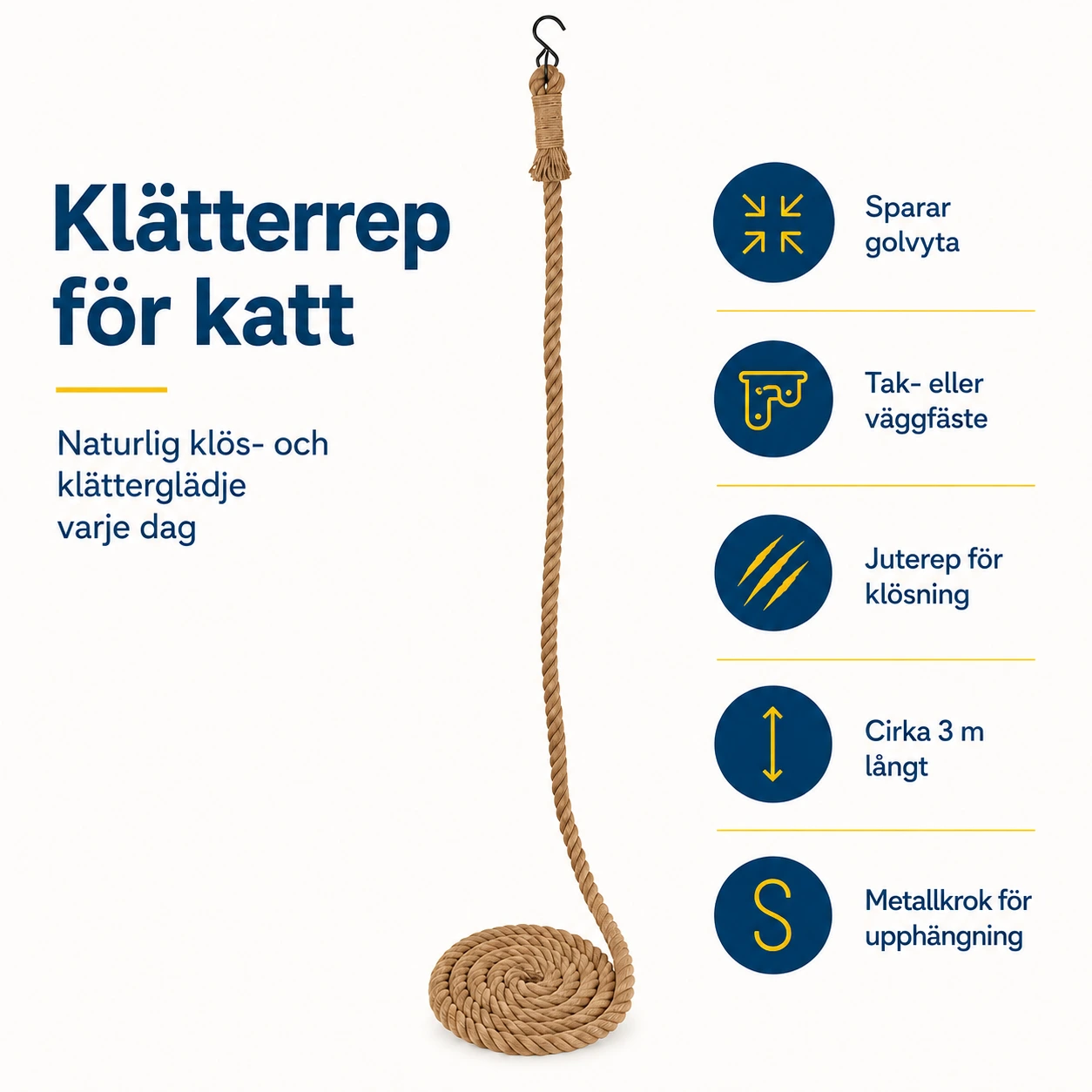 Klätterrep för katt med tak- eller väggfäste, 3 m