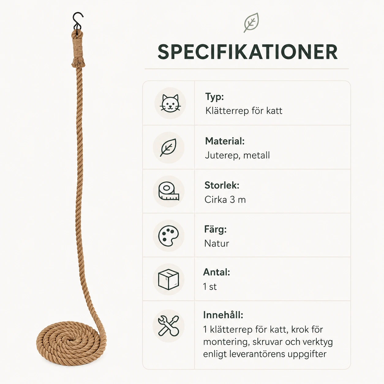 Klätterrep för katt med tak- eller väggfäste, 3 m