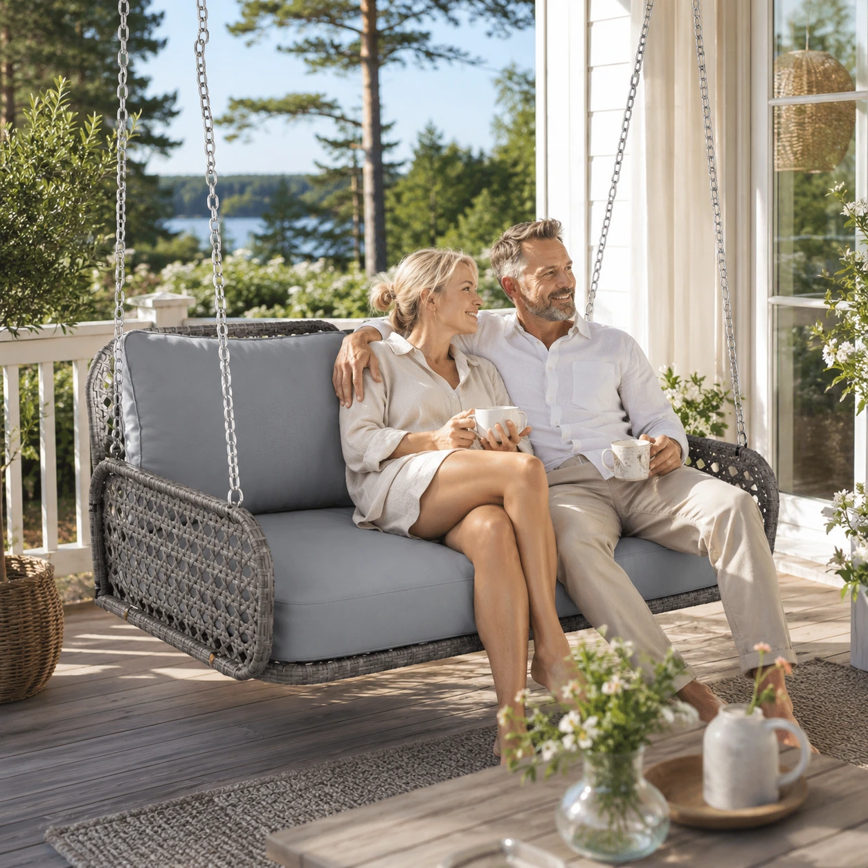 Hängande gungsoffa för uteplats med dynor