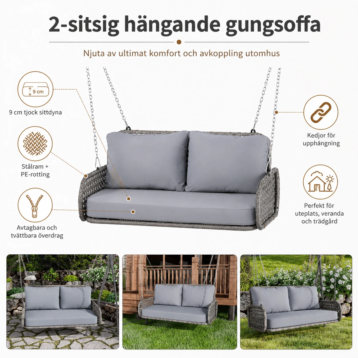 Hängande gungsoffa för uteplats med dynor