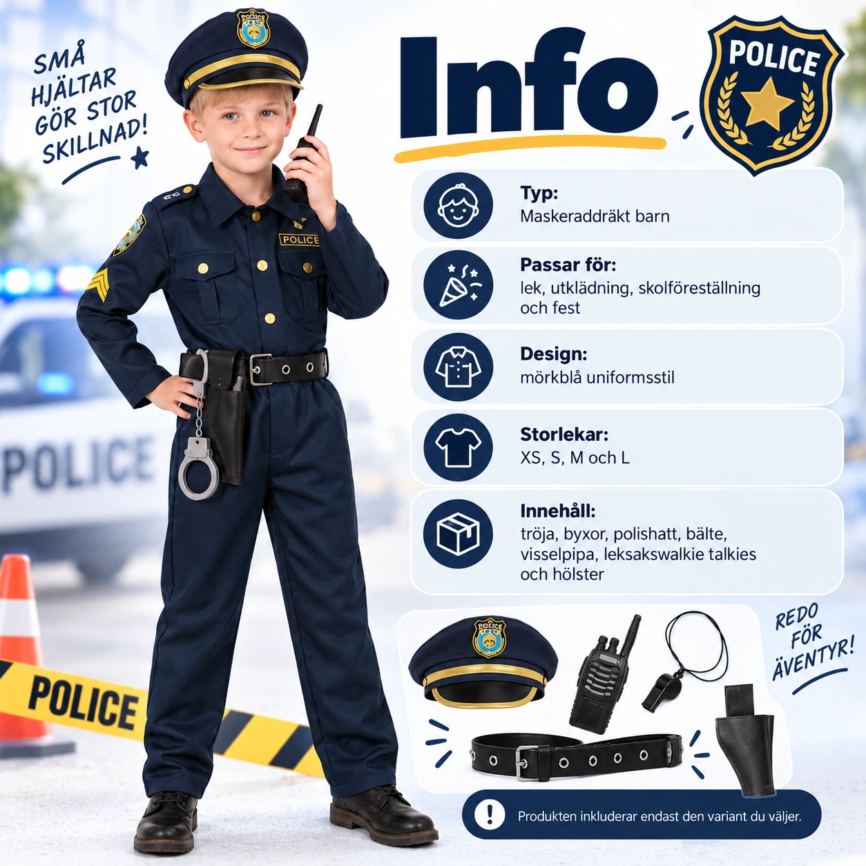 Lasten poliisiasu hatulla, vyöllä ja housuilla