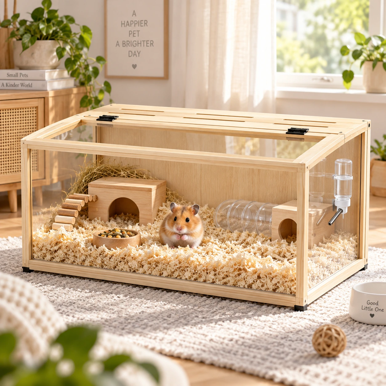 Hamsterbur i trä med härdat glas