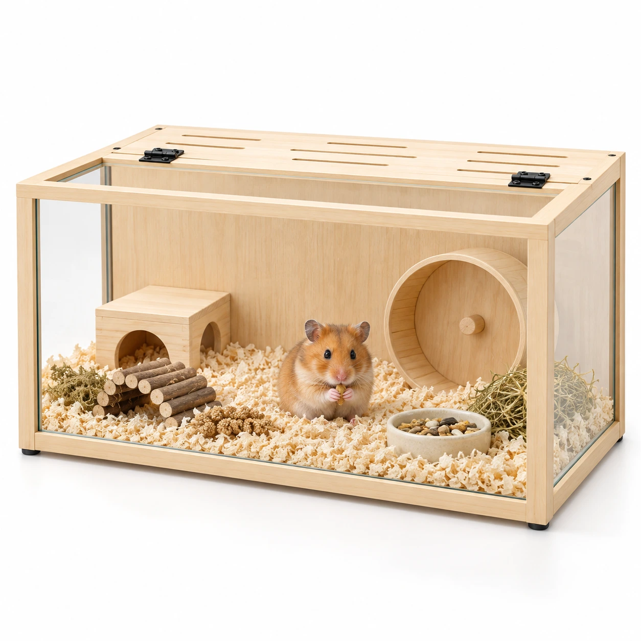 Hamsterbur i trä med härdat glas