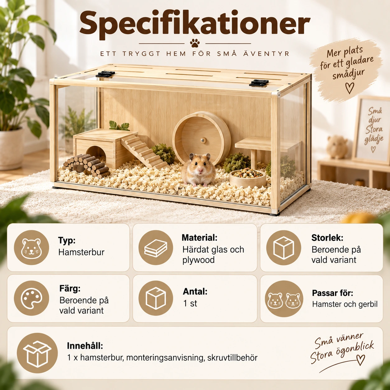 Hamsterbur i trä med härdat glas