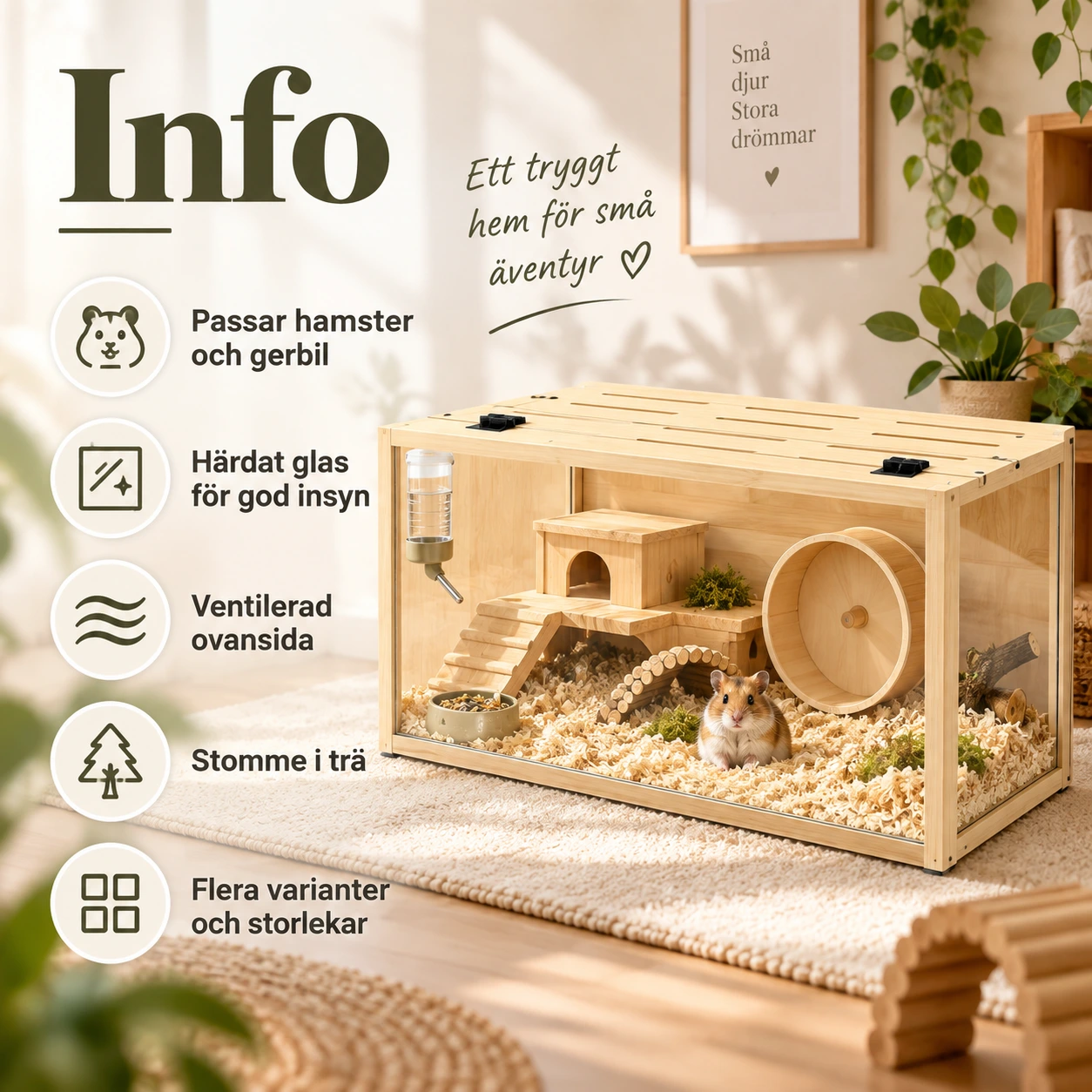 Hamsterbur i trä med härdat glas