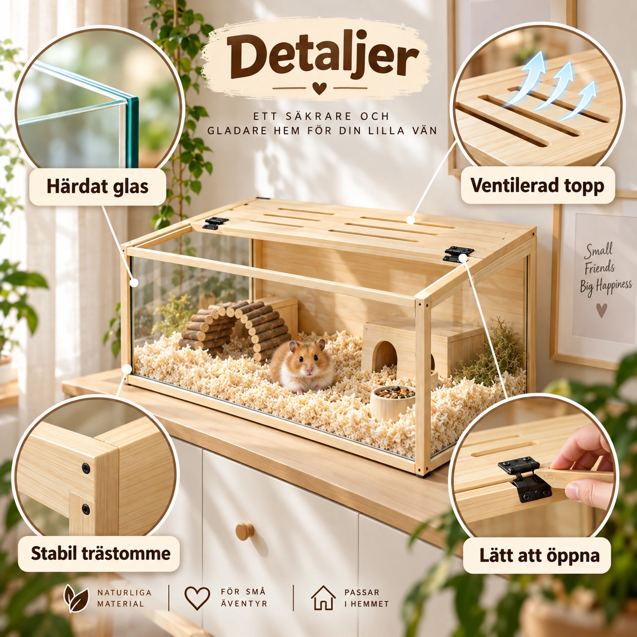 Hamsterbur i trä med härdat glas
