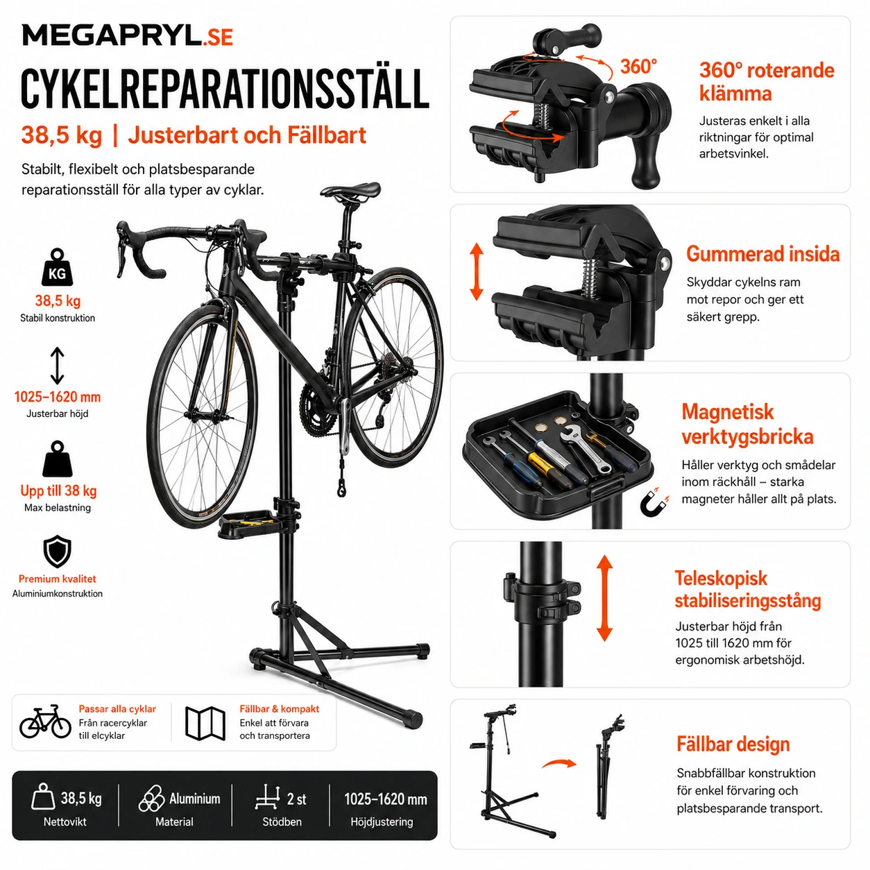Cykelreparationsställ 38,5 kg Justerbart och Fällbart