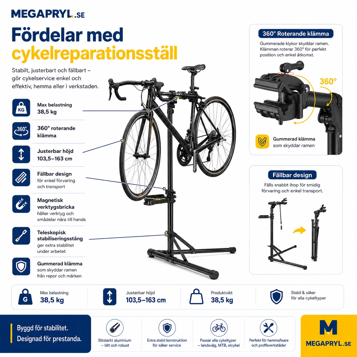Cykelreparationsställ 38,5 kg Justerbart och Fällbart