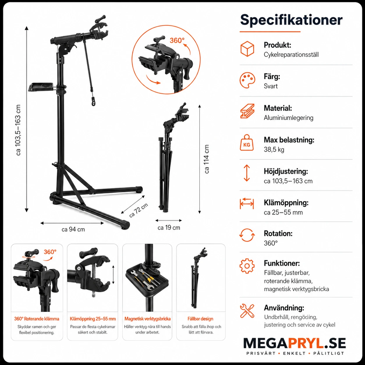 Cykelreparationsställ 38,5 kg Justerbart och Fällbart