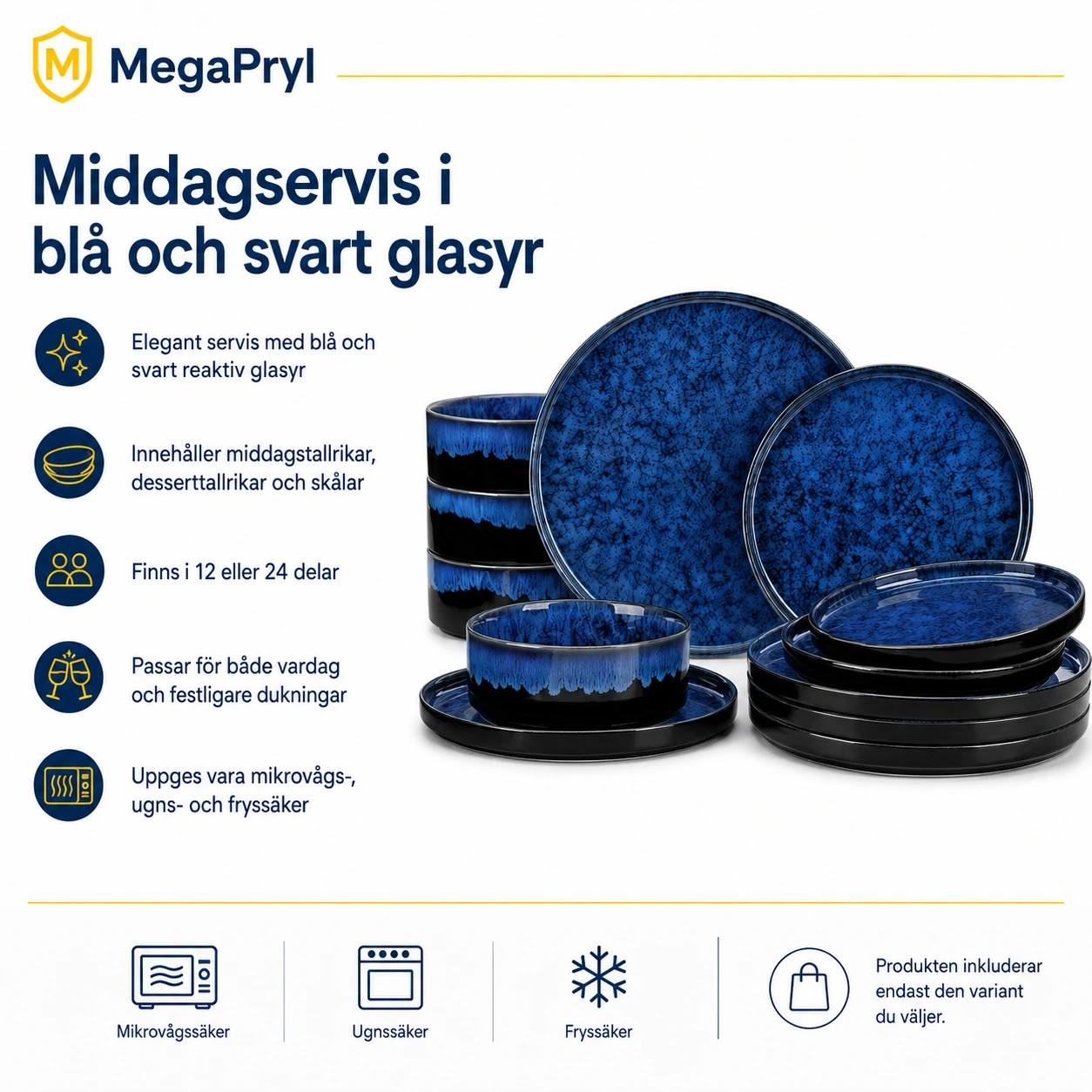 Middagservis i blå och svart glasyr, 12 eller 24 delar