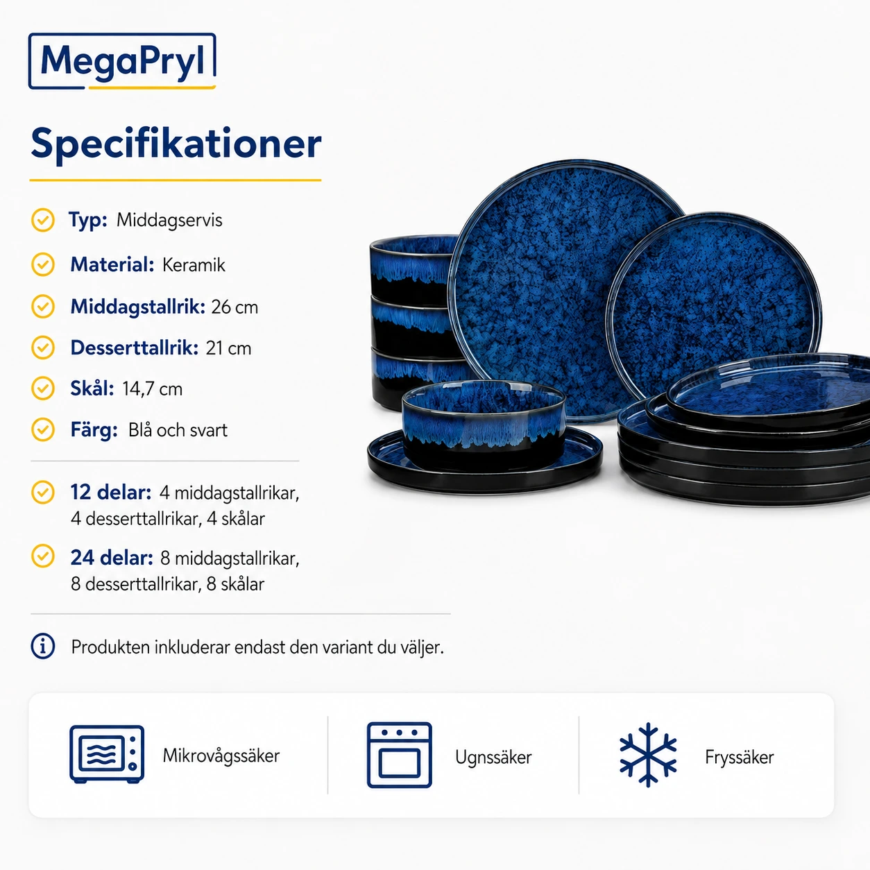 Middagservis i blå och svart glasyr, 12 eller 24 delar
