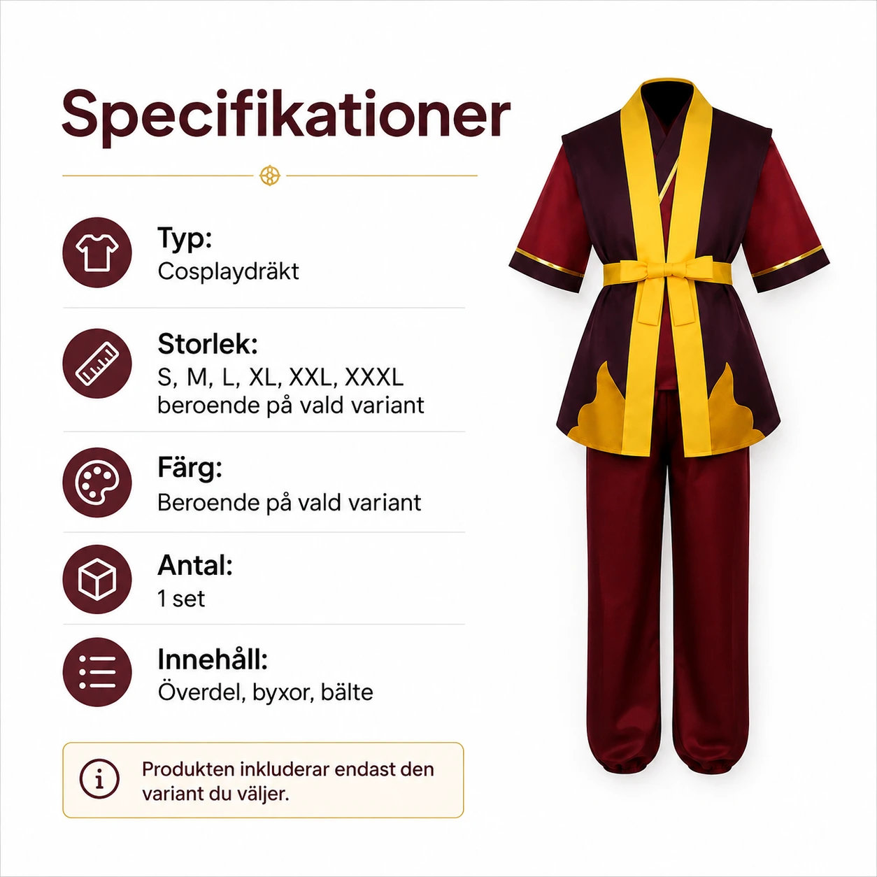 Cosplaydräkt för maskerad och scen med bälte