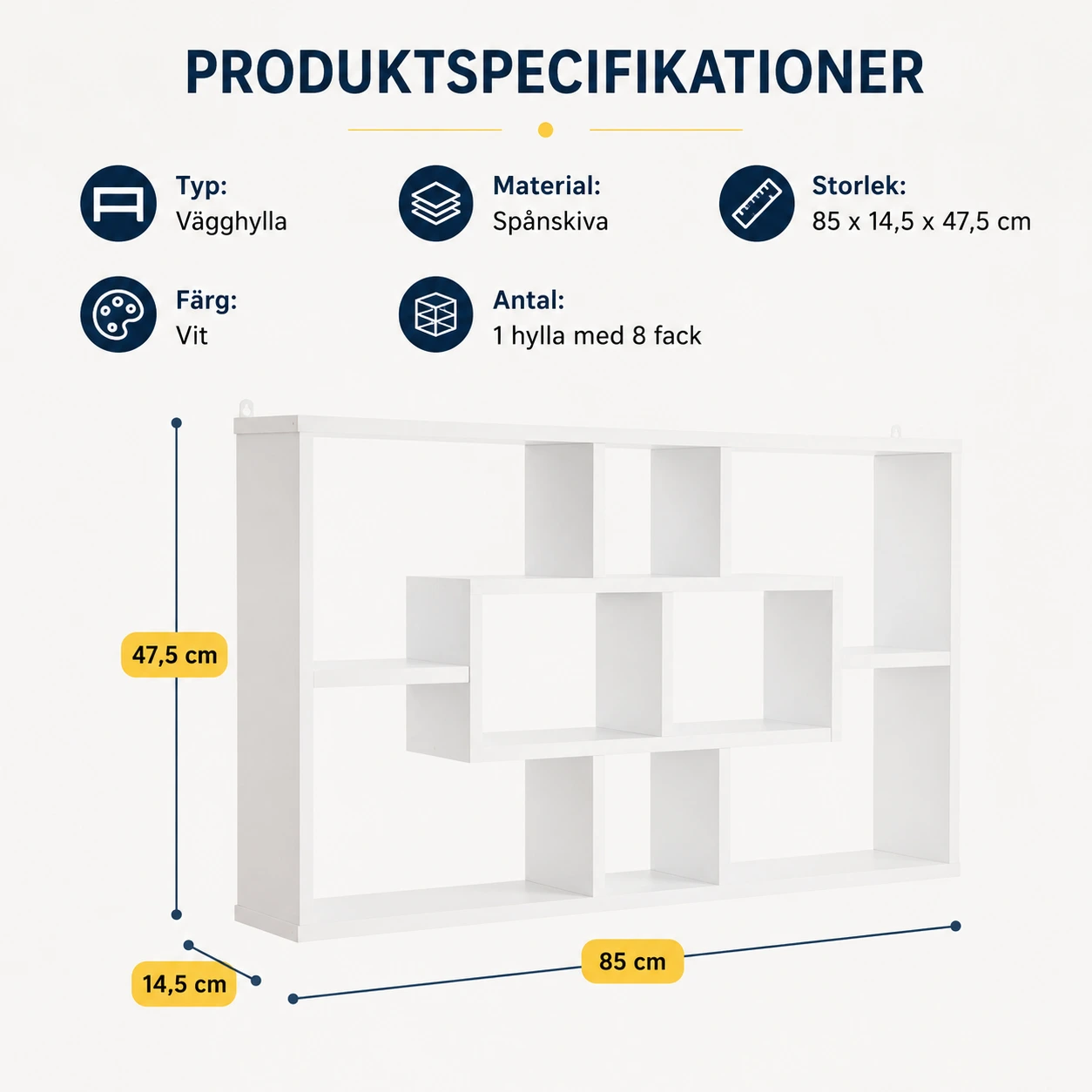 Vägghylla med 8 fack för förvaring, vit