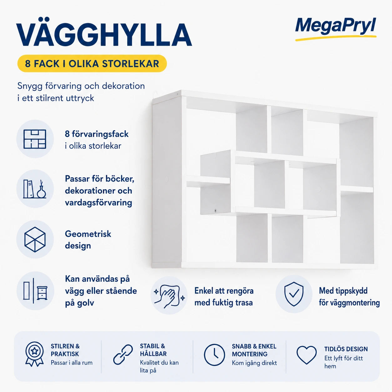 Vägghylla med 8 fack för förvaring, vit