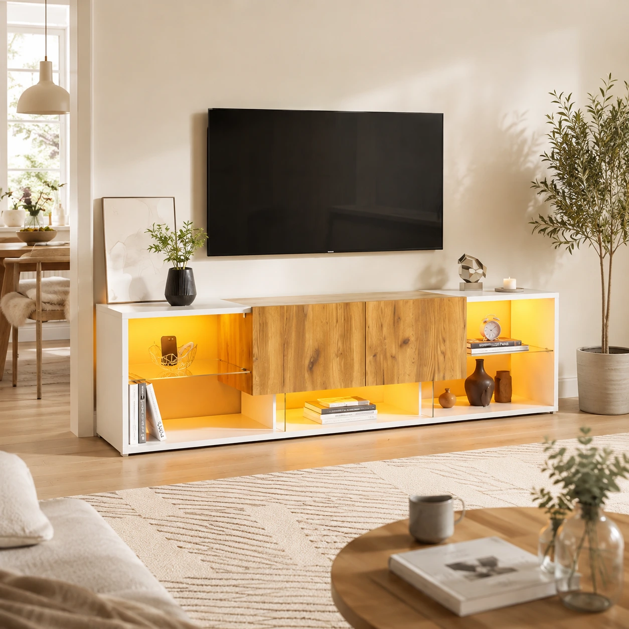 TV-bänk med 2 lådor och öppna hyllor