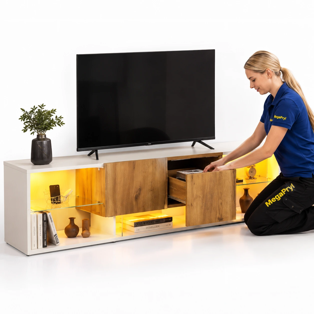 TV-bänk med 2 lådor och öppna hyllor