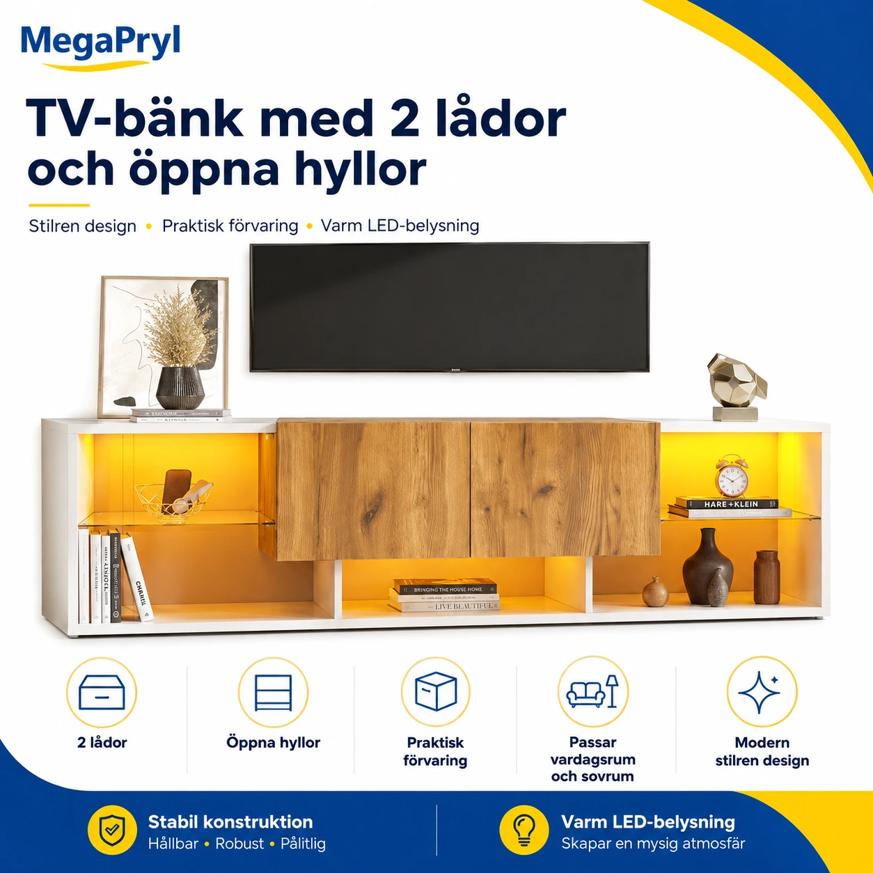 TV-bänk med 2 lådor och öppna hyllor