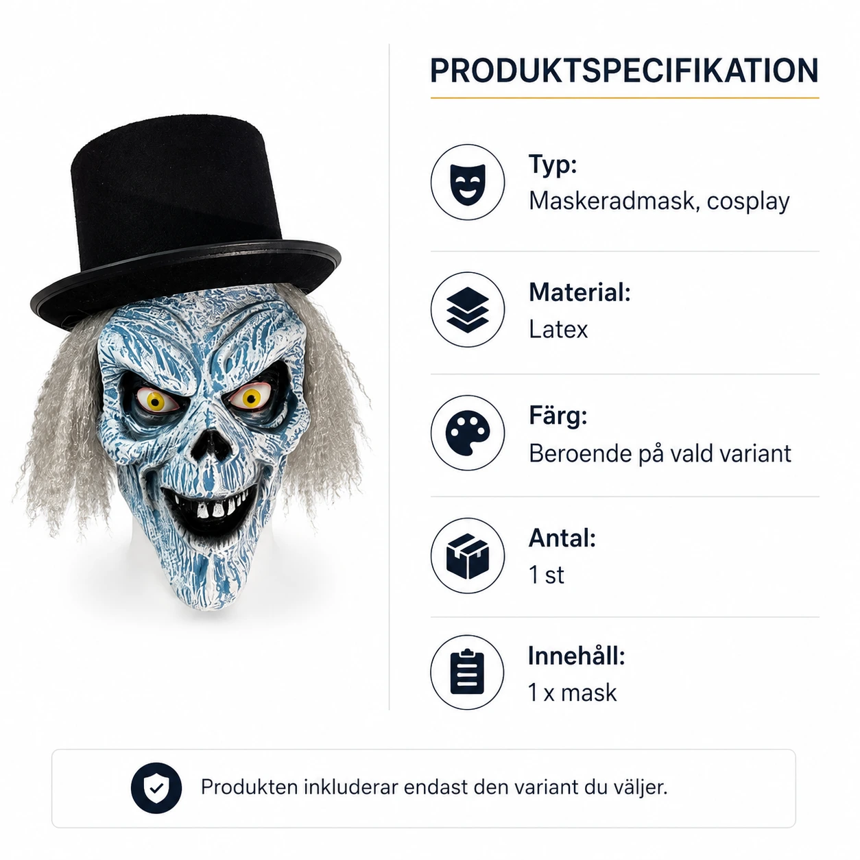 Halloweenmask med dödskalle för maskerad och cosplay